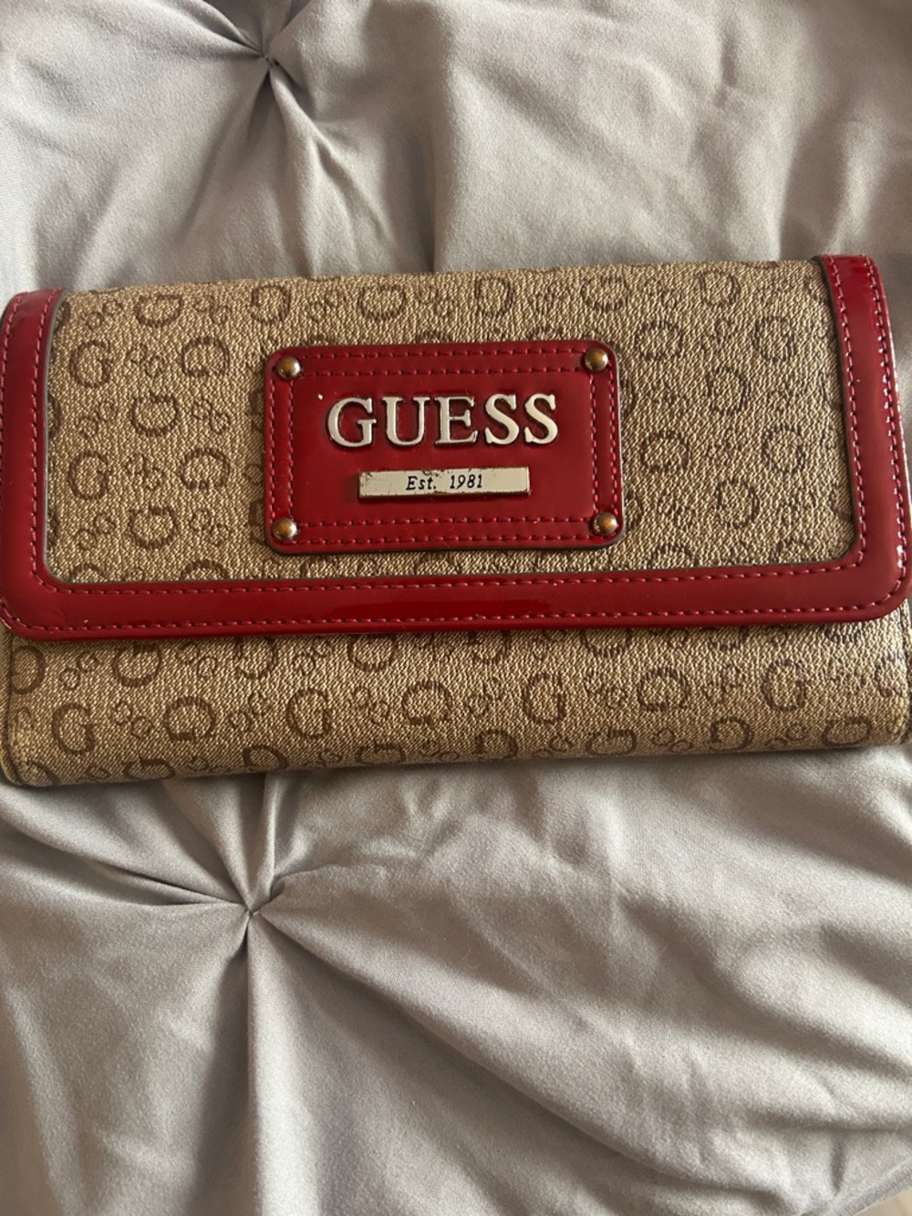 GUESS Beige Monogram Wallet with Red Trim
